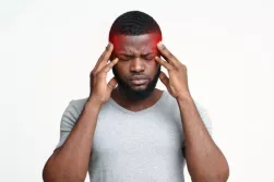 Black man holding temples due to migraine