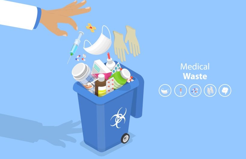 3D Isometric Flat Vector Conceptual Illustration of Biohazardous Medical Waste Disposal, Infectious Garbage Management